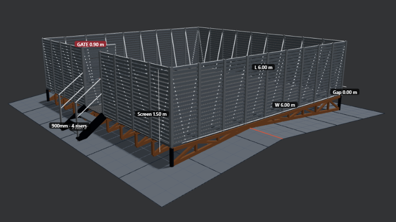 3D preview of an HVAC roof platform designed in Fair Dinkum Mechdecks — screens, guardrail and pitched roof